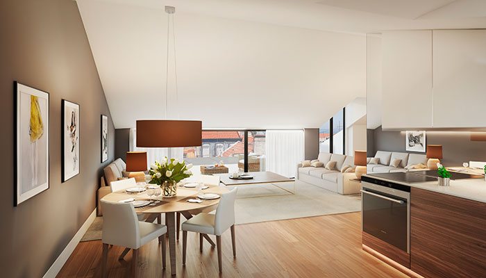 Living room and Terrace Preview – Penthouse: Luz Soriano Palace, Bairro Alto, Lisbon